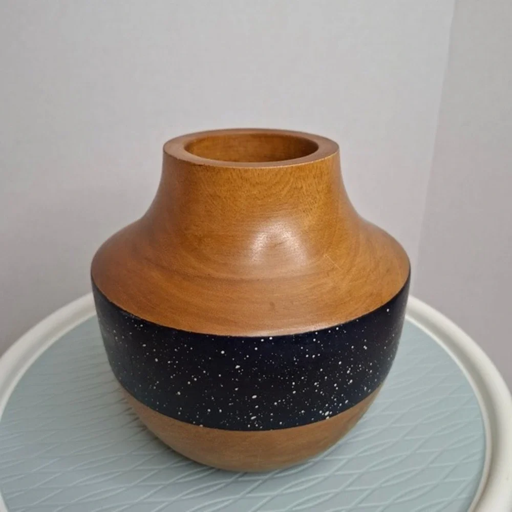 West Elm Turned Mango Wood Vase Brown Excellent Black Speckl Band Trim MCM Decor